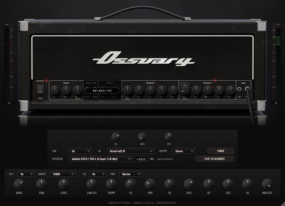 The OSSUARY interface: an amp head with chorus, channel B and channel A sections and High/Low inputs, above the input, gate, output, cabinet and tuner controls, with a drive pedal and an EQ along the bottom.