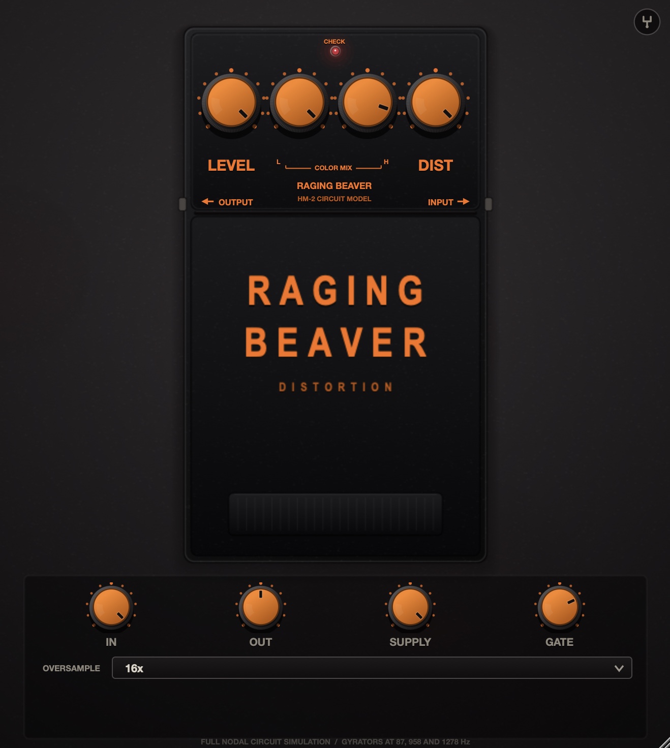 The Raging Beaver interface: a Boss-style pedal with LEVEL, COLOR MIX low and high, and DIST knobs, above input, output, supply voltage and gate controls and an oversampling selector.