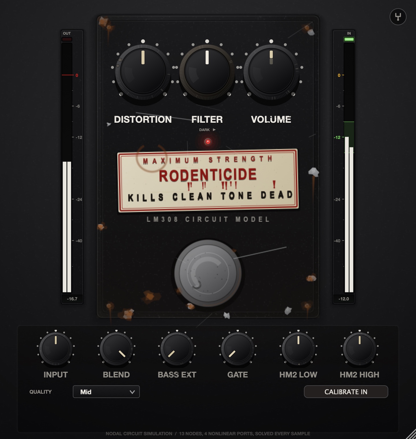 The Rodenticide interface: a black crinkle-finish pedal with DISTORTION, FILTER and VOLUME knobs and a rat-poison label, above input, blend, bass extension, gate and HM-2 EQ controls.