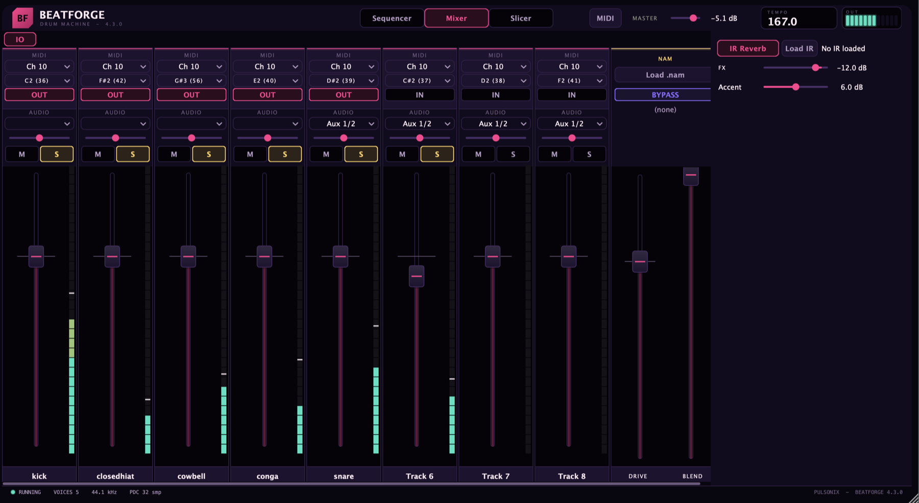 BeatForge mixer in the Deep Red theme