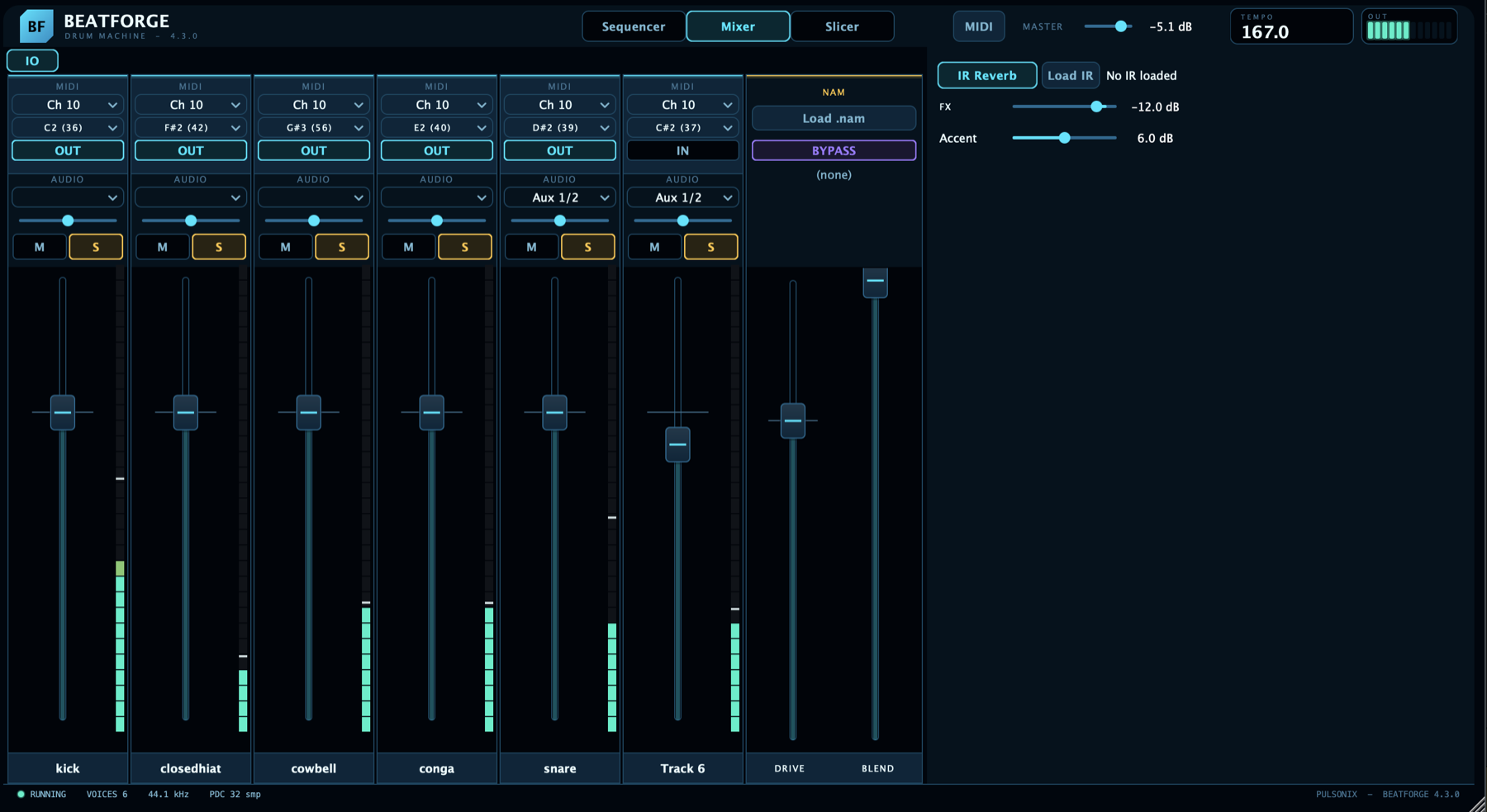 BeatForge mixer with per-track MIDI and audio routing