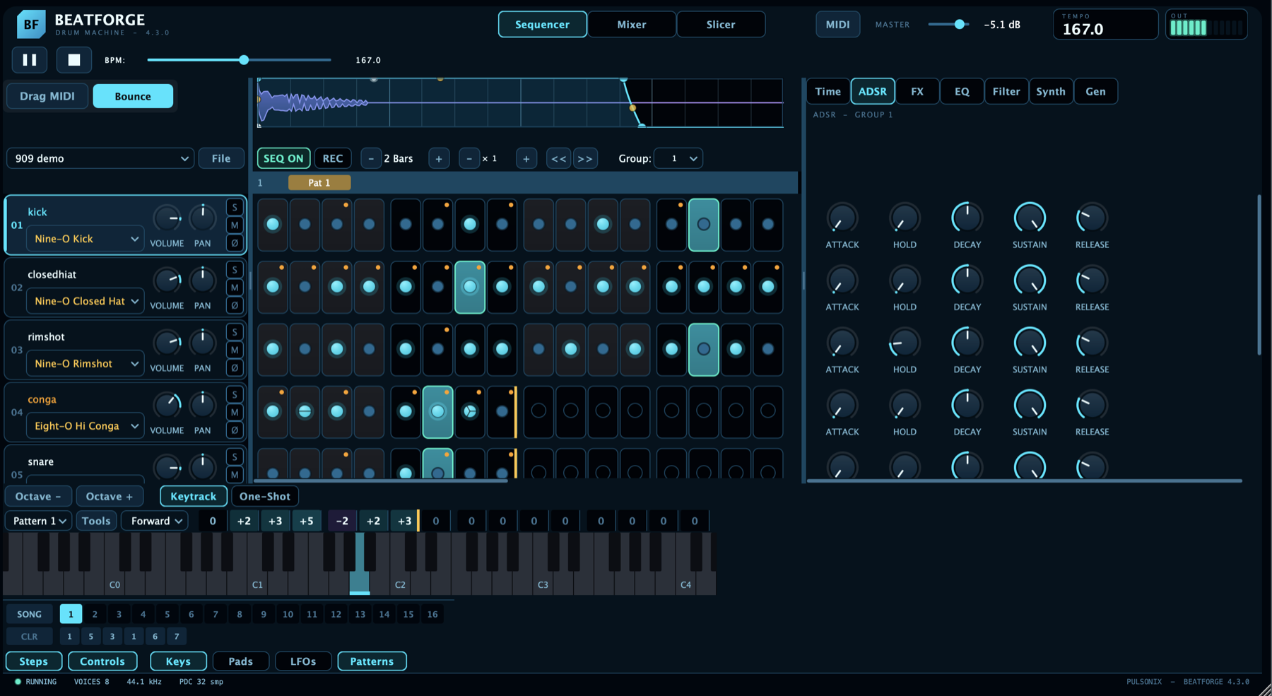 BeatForge pattern bank with 16 slots and a song chain lane