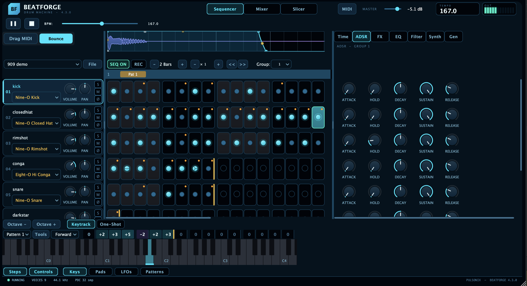 BeatForge step sequencer with per-track controls, 16-step grid and ADSR panel