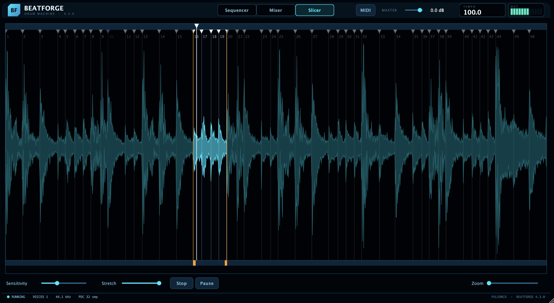 BeatForge slicer showing a sliced loop with transient markers and a play zone