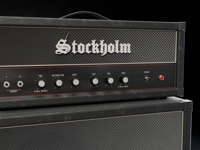 The Stockholm amp head's front panel: inputs 1 and 2, PRE with pull bright, SATURATION, POST, LOW, MID and HIGH with pull thick, a power switch and a red pilot light.