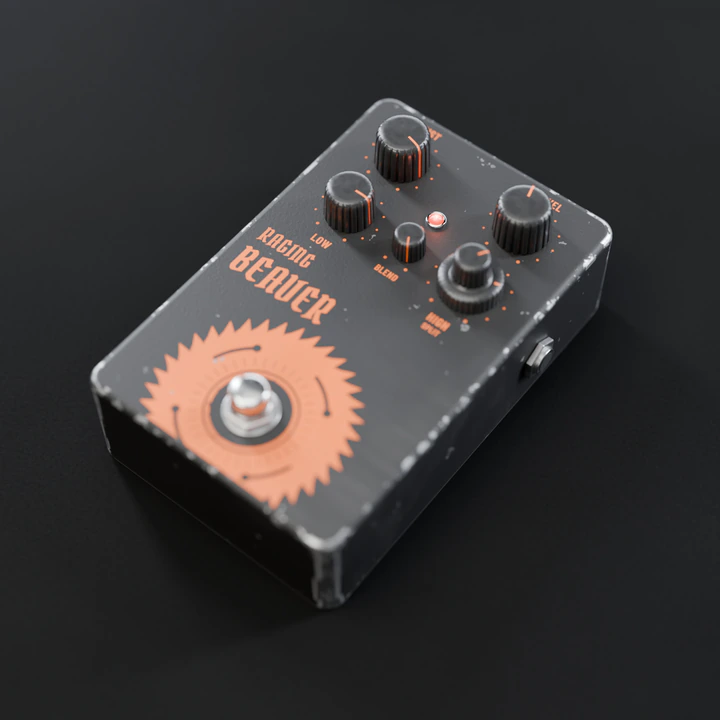 The RAGING BEAVER pedal: black, with an orange saw blade around the footswitch.