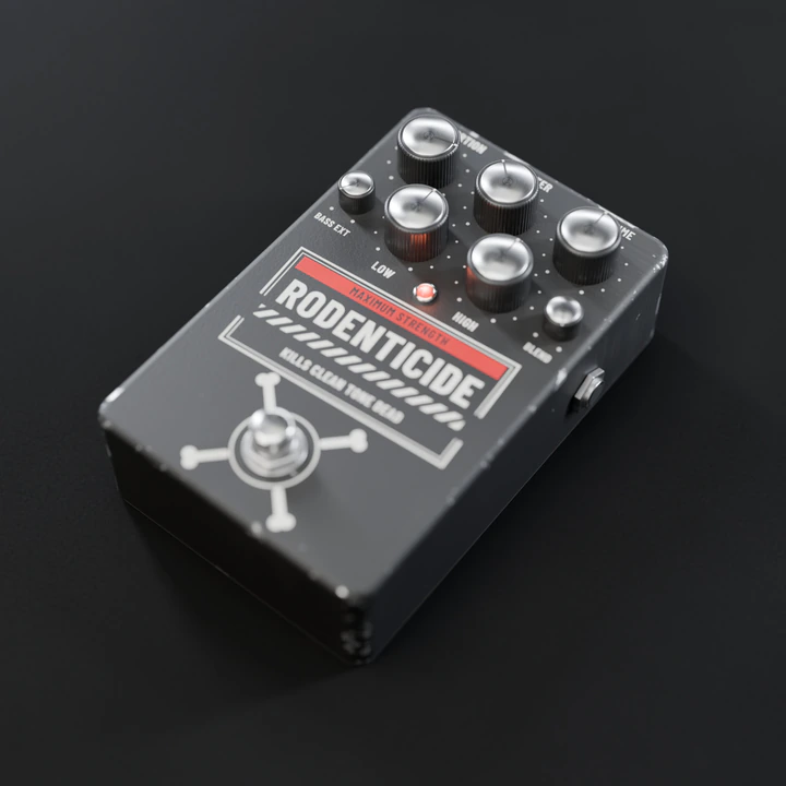 The RODENTICIDE pedal: black, with a warning label and crossed bones around the footswitch.