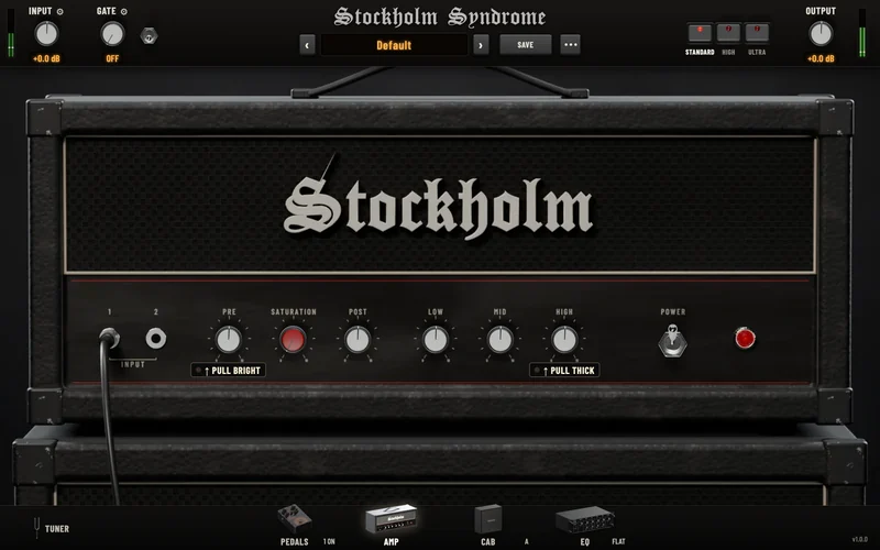 The plugin's amp page: the Stockholm head with a cable in input 1, the PRE, SATURATION, POST, LOW, MID and HIGH knobs, a power switch and a pilot light.