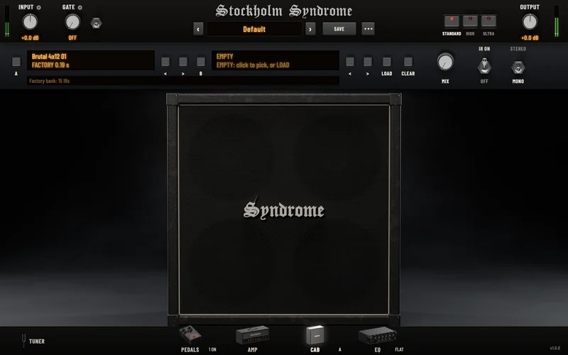 The plugin's cab page: IR slots A and B, a MIX knob and IR ON and STEREO switches above the Syndrome 4x12.
