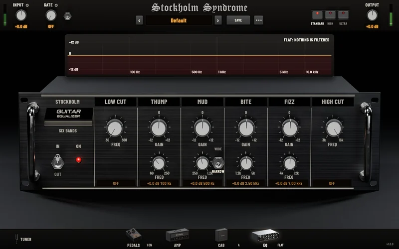 The plugin's EQ page: the six-band rack equaliser with an IN/OUT switch, and the frequency response above it.