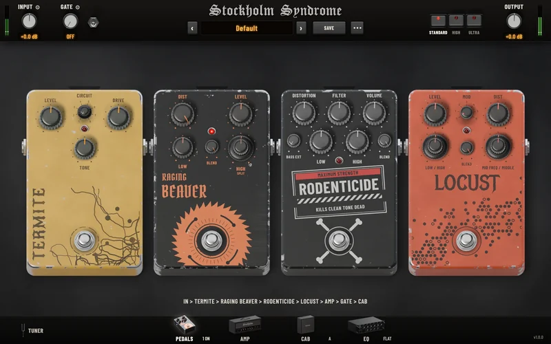 The plugin's pedals page: TERMITE, RAGING BEAVER, RODENTICIDE and LOCUST side by side, input, gate, preset, quality and output controls along the top, and TUNER, PEDALS, AMP, CAB and EQ buttons along the bottom.