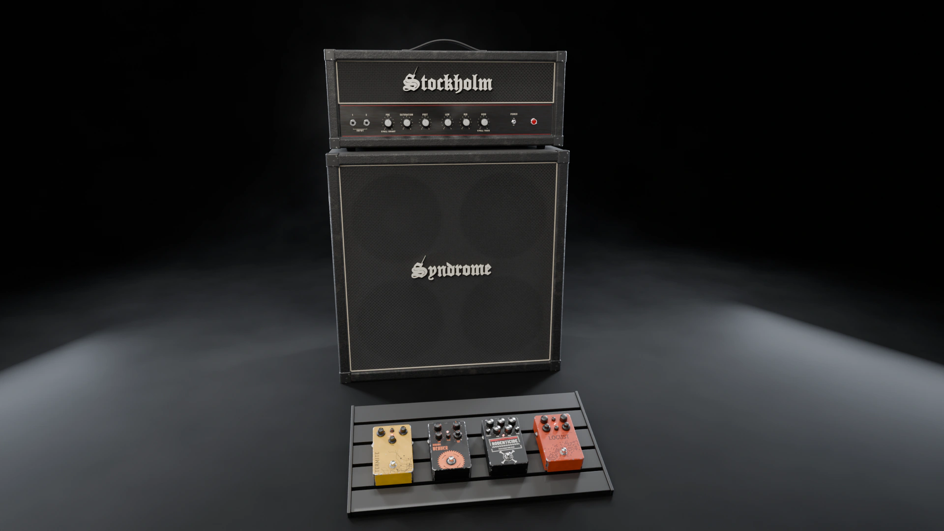 The rig on a dark stage: the Stockholm amp head on the Syndrome 4x12, and a pedalboard in front with TERMITE, RAGING BEAVER, RODENTICIDE and LOCUST.