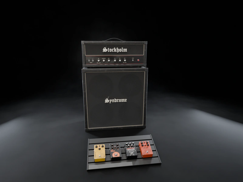 The Stockholm Syndrome rig: the Stockholm amp head on the Syndrome 4x12 cabinet, with four pedals on a pedalboard in front.